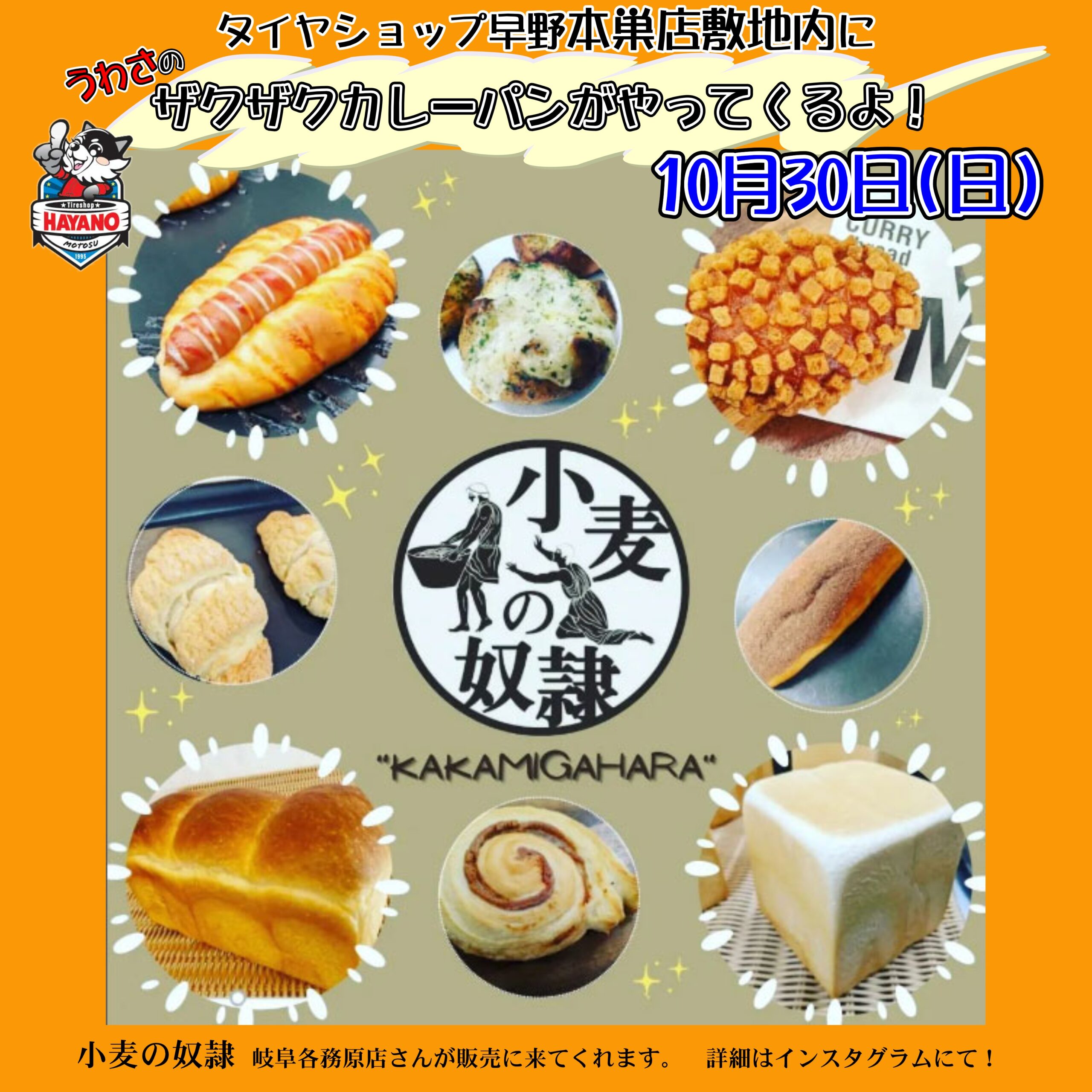 10月30日本巣店敷地内で『小麦の奴隷』さんのパンを販売します！